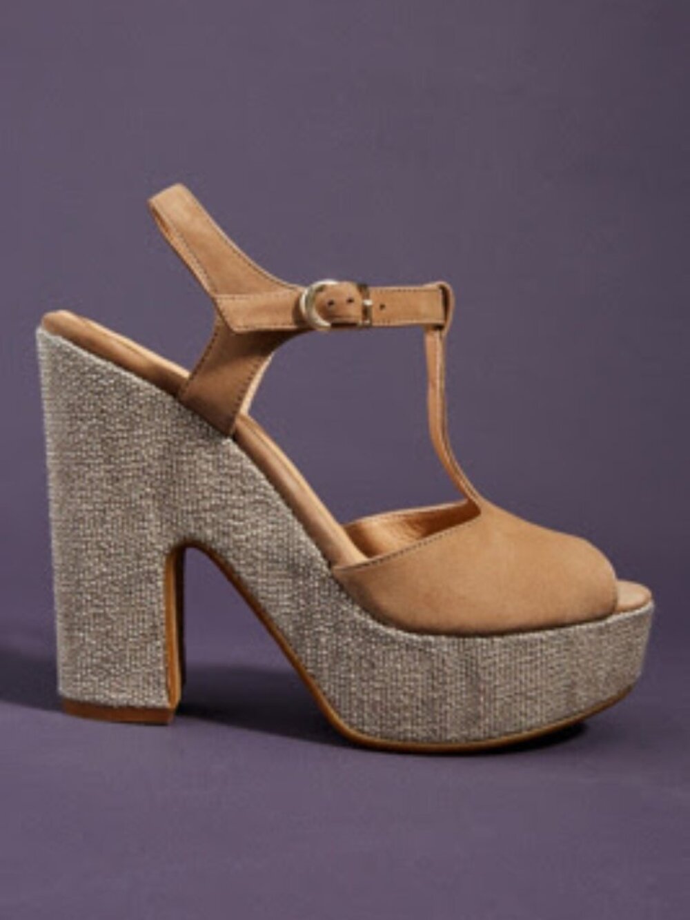 Anthropologie Tan Gold Glitz T-Strap Platform Heels Size 38 US 7.5-8